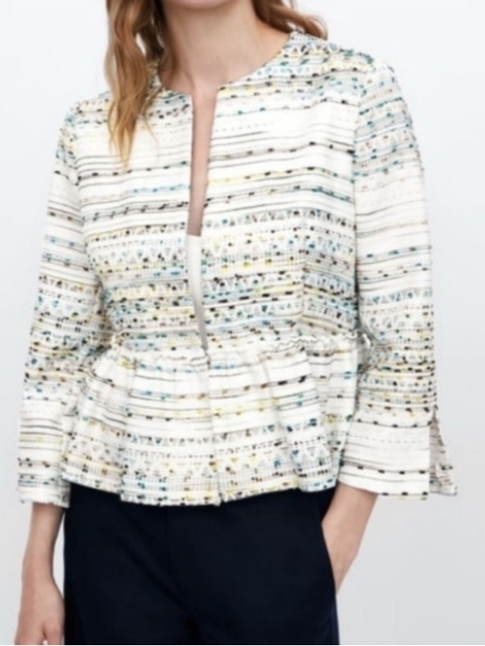 Zara White Embroidered Peplum Blazer Jacket Sz S Multicolor Metallic Feminine